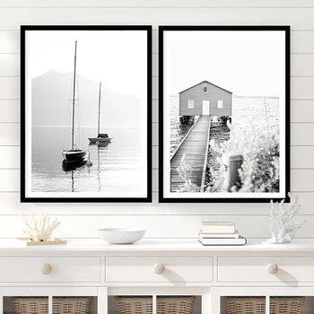 

Boat in Lake Posters and Prints Harbour Fishing House Canvas Painting Black White Wall Pictures for Living Room Home Salon Decor