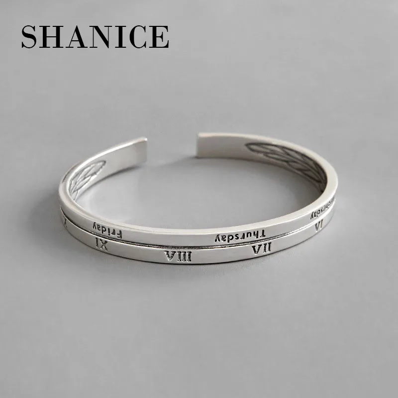 

SHANICE 100% 925 Pure Silver Opening Vintage English Roman Numerals Cuff Bracelets for Women Punk Bracelet Bangle Jewelry Gift