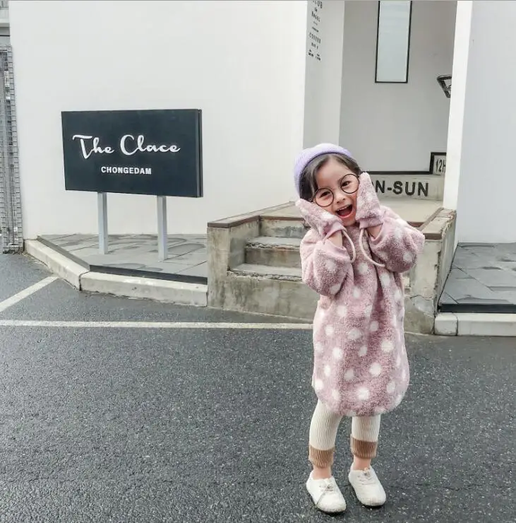Korea Style Girls Dots Flee Dress Fashion Autumn Winter Thicken Baby Girl Clothes Girls Vest Dresses Kids Clothes 1-6 Years