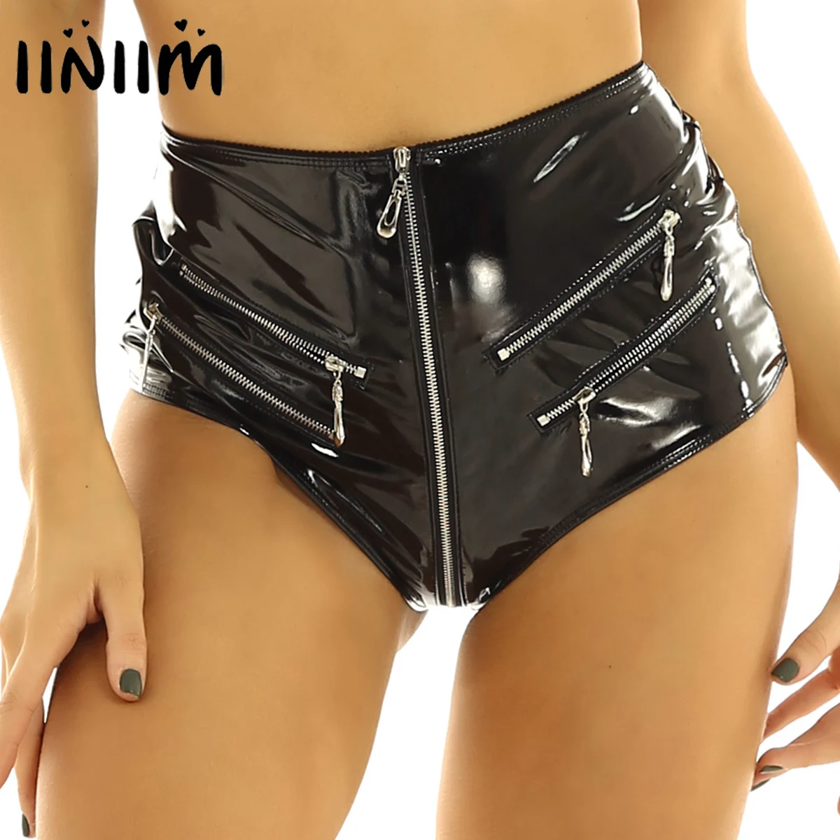 Womens Wetlook Summer Sexy Pole Dance Shorts Leather High Waisted Front