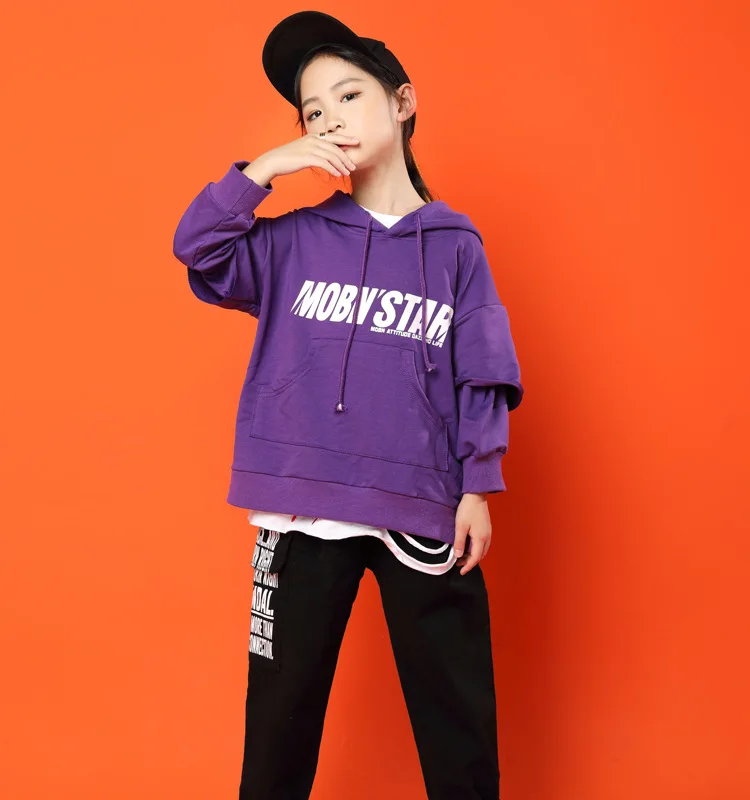 Детская классная фиолетовая толстовка с капюшоном и принтом топы, черные повседневные штаны для бега в стиле хип-хоп, одежда для девочек и мальчиков, танцевальный костюм, одежда
