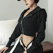 Y26S7199 укороченный топ, хлопок, спортивные толстовки для бега, Женская куртка с длинным рукавом для фитнеса, йоги, топ с капюшоном для бега, спортивная одежда