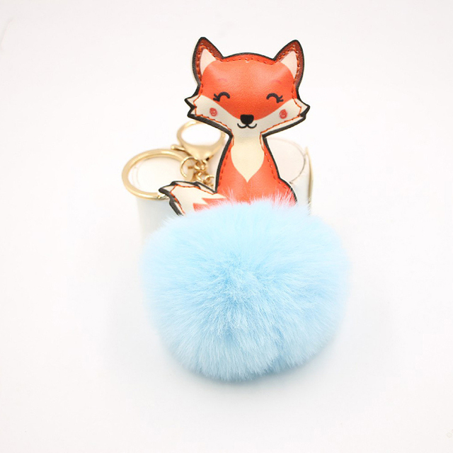 Ball Keychain Charm Key Ring Cute Leather Fox Keyring Plush Fluffy Pompom Faux Rabbit Fur Ball Bag Car Key Charms Accessory
