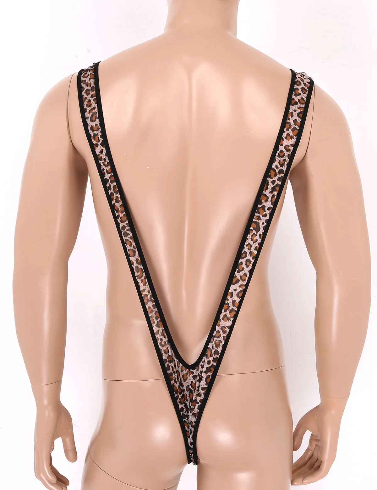 ChicTry Male Mens Leopard Print One-piece Stretch Deep V-shaped Mankini Thong Underwear Lingerie Suspender Bodysuit Swimsuits