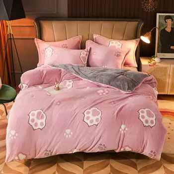 

JUSTCHIC Cartoon Winter Duvet Cover Pillow Case Cute Paw Print Pink Girl Bedding Set AB Version Queen Quilt Cover 200x230cm