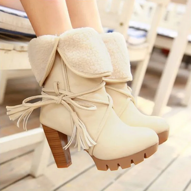 

Brand Women's Shoes Lace Up Boots Chunky Heel Bootee Woman 2019 Australia Round Toe Booties Ladies Fashion Lolita Mid Calf Snow