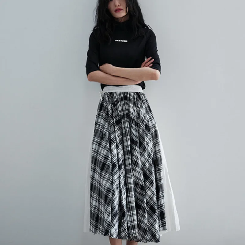 

XUXI Striped Splicing White Fashion Half-length Skirt Autumn 2020 Women Mid-Calf High Waist Streetwear Femme Pleated FZ2788
