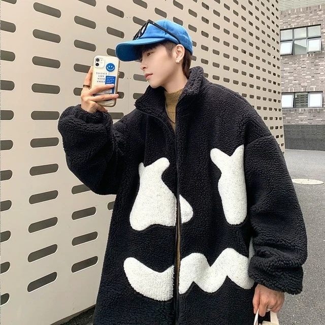 2021 Man Teddy Bear Coat Autumn Winter Plush Thick Black Blue Women Lamb  Embroidery Hooded Smiling Couples Jacket Koran Fashion - AliExpress
