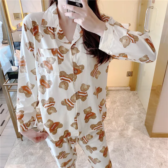CAIYIER Autumn Winter New Sleepwear Set Women Turn-down Collar Pajamas Cute Cartoon Pattern Button Top+Pants Leisure Home Wear 908-23