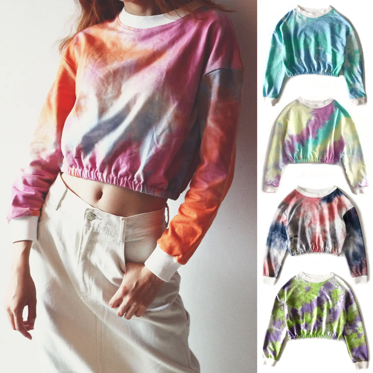 

Women Colorful Tie-dyed Gradually Long Sleeve Short Blouse Sweatshirt Hot Female Casual Tie Dye Print Round Neck Loose Shirts