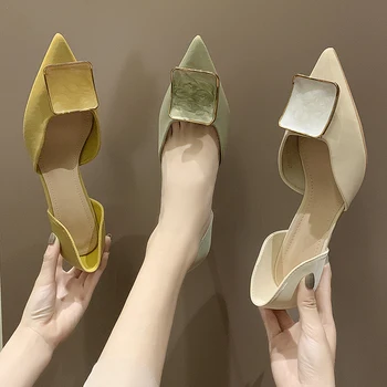 

Hollow Fine Heeled Shoes Sandals Ladies Metal Heels Brief Pumps Pointed Wedge Slip Om Lace-up Shallow Mouth 2020 All-Match High