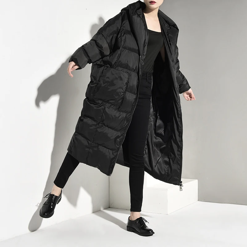 [EAM] Black Oversize Long Hooded Cotton-padded Coat Long Sleeve Loose Fit Women Parkas Fashion New Autumn Winter JD1210