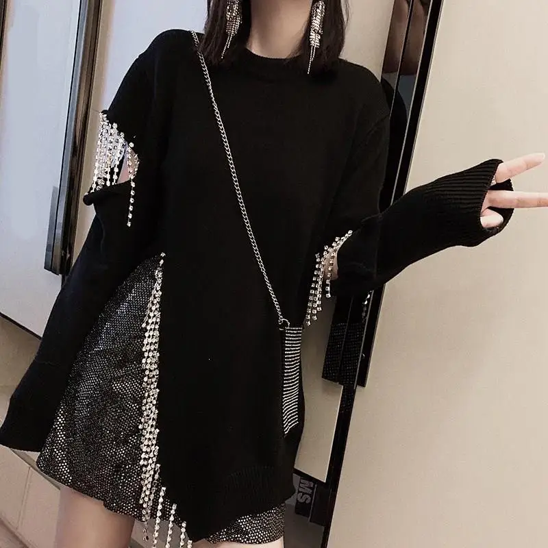 

2019 New Fashion Autumn Round Collar Rhinestone Tassel Stitching Pullovers Streetwear Women Loose Casual Sweaters