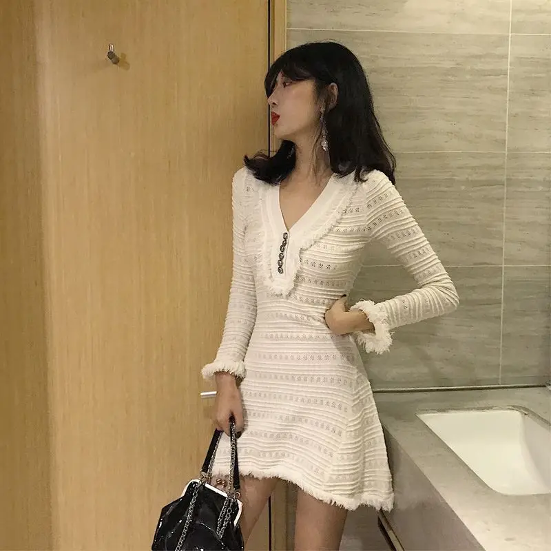 Autumn White Knitted Dress Elegant Women Long Sleeve V-neck Sexy Party Dress Striped Tassel Black Winter Sweater Dresses