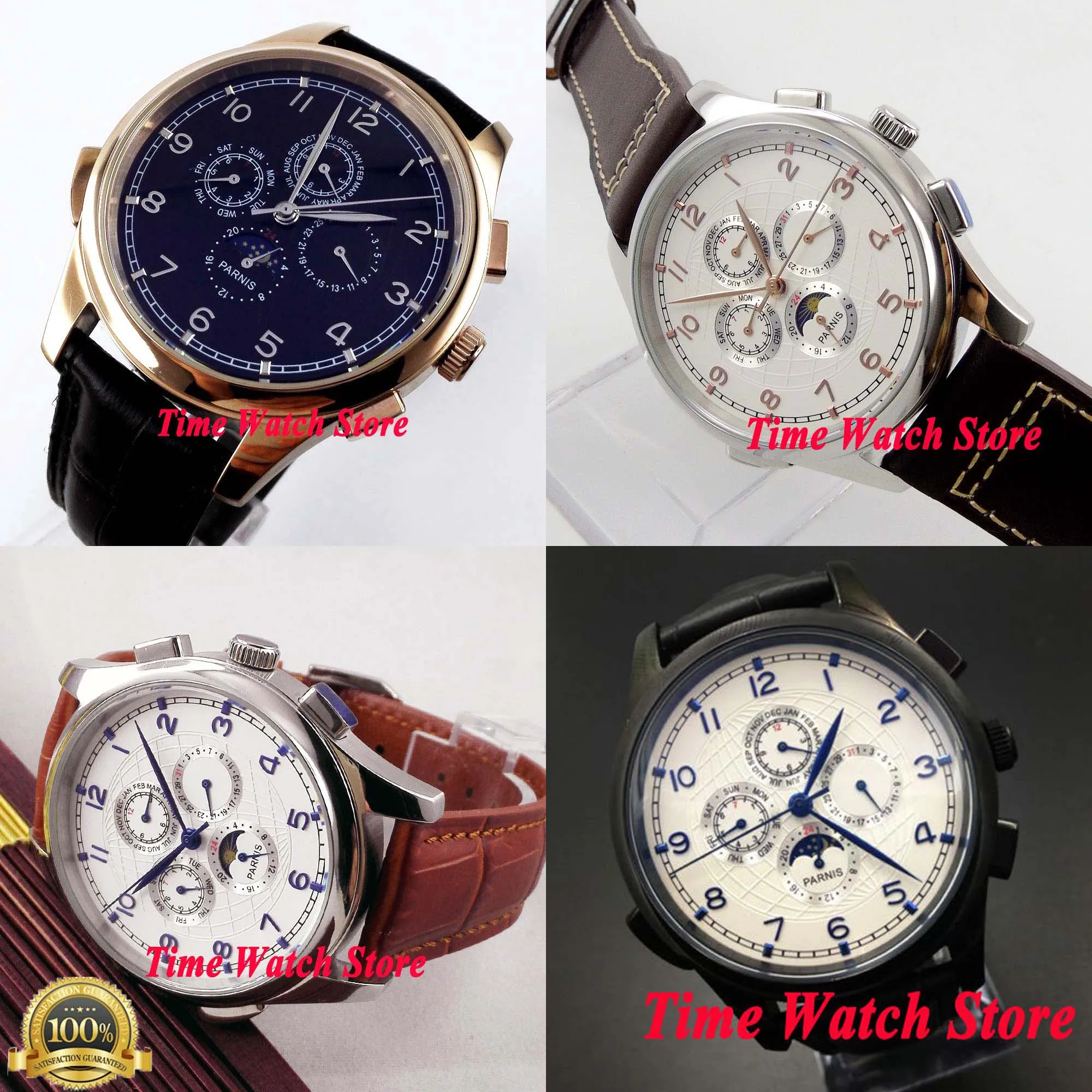 

Parnis 44mm PVD Multifunction automatic Men's watch Moon Phase week and date display White dial Blue marks waterproof