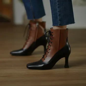 

New Boots Women Ankle Boots Genuine Leather Autumn Winter Warm High Heels Shoes Woman Round Toe Cross-tied Quality Shoes