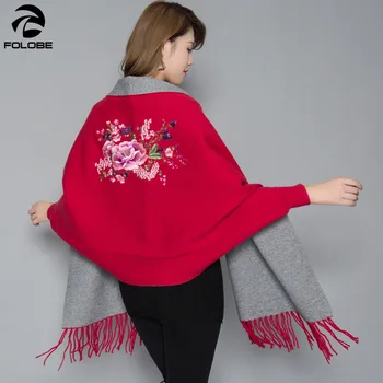 

Chinese Style Autumn Loose Tassel Knitted Cashmere Batwing Fashion Women Long Sleeve Cardigan Scarf Poncho Capes with Embroidery