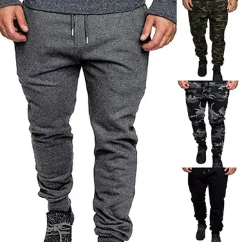 

2020 Men Camouflage Solid Color Elastic Waistband Drawstring Pockets Sports Pants