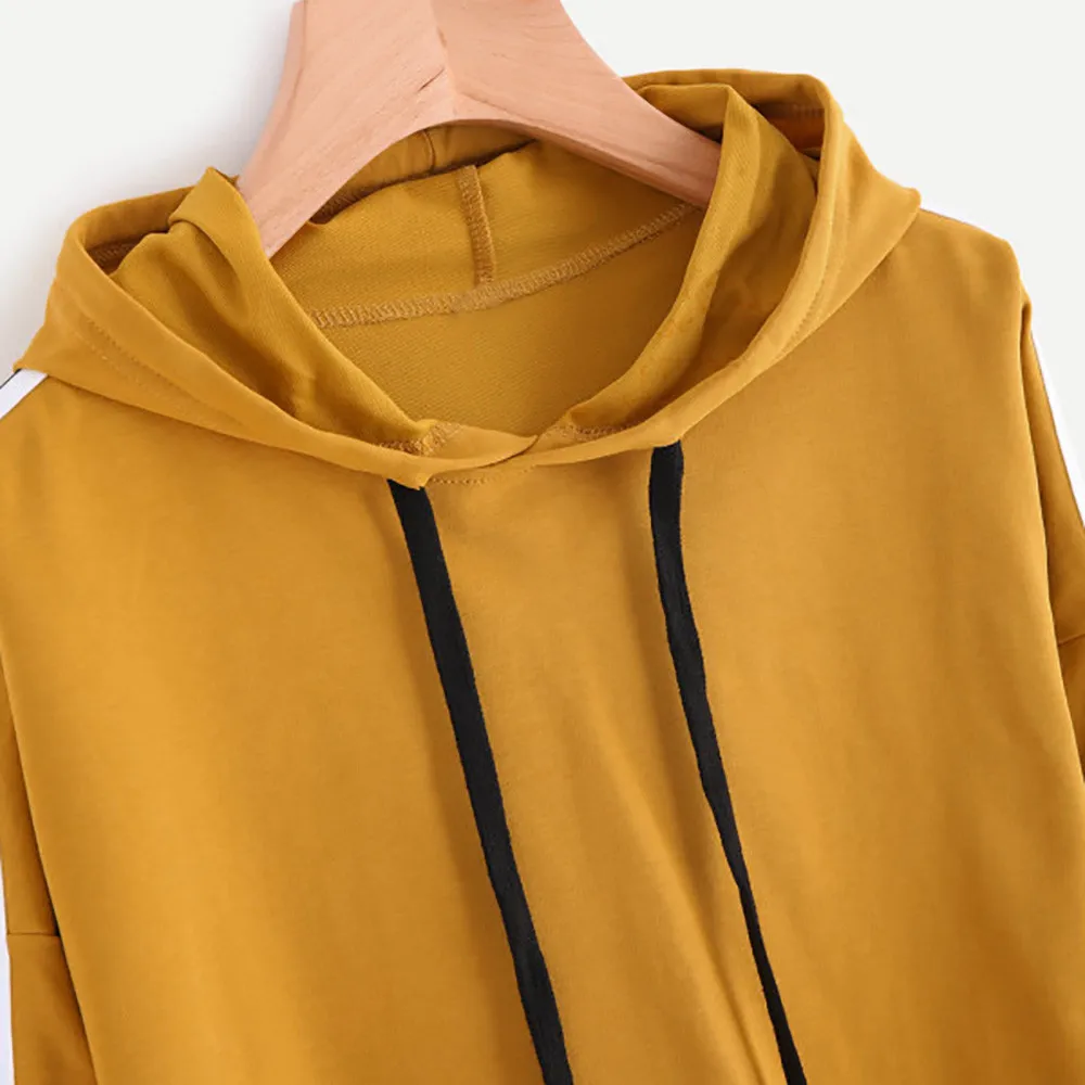 JAYCOSIN Fashion Women Striped Long Sleeve Loose Sweatshirt Casual Solid Simple Chic Solid Color Hooded Pullover Top 