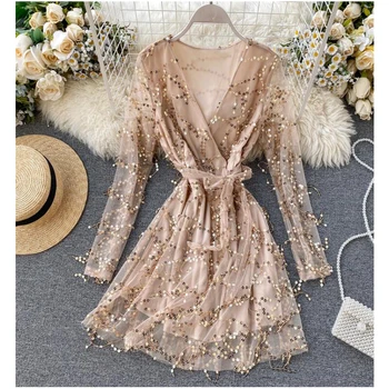 

2020 Women V-neck Bling Sequins Sexy Voile Dress New Elegant Short Lace Up Bandage Strap Hollow Out Zipper Tassels Ruffles Dress