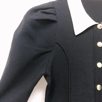 

Women Black Knitted Dress Gold Buttons Turn Down Collar Long Sleeve Single Breasted High Waist Autumn Ladies Slim Dresses
