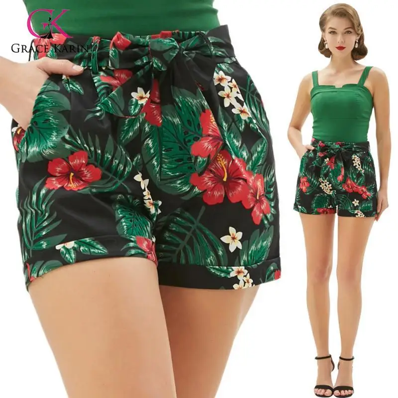 Grace Karin Модные женские винтажные шорты цветочные и листья узор эластичный пояс украшенный хлопок удобные женские шорты
