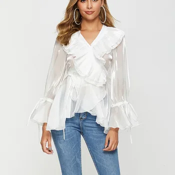 

#2762 Black White Transparent Blouse Women Flare Sleeved Sexy V Neck See Through Blouse Femme Asymmetrical Ruffle Top Shiny Silk
