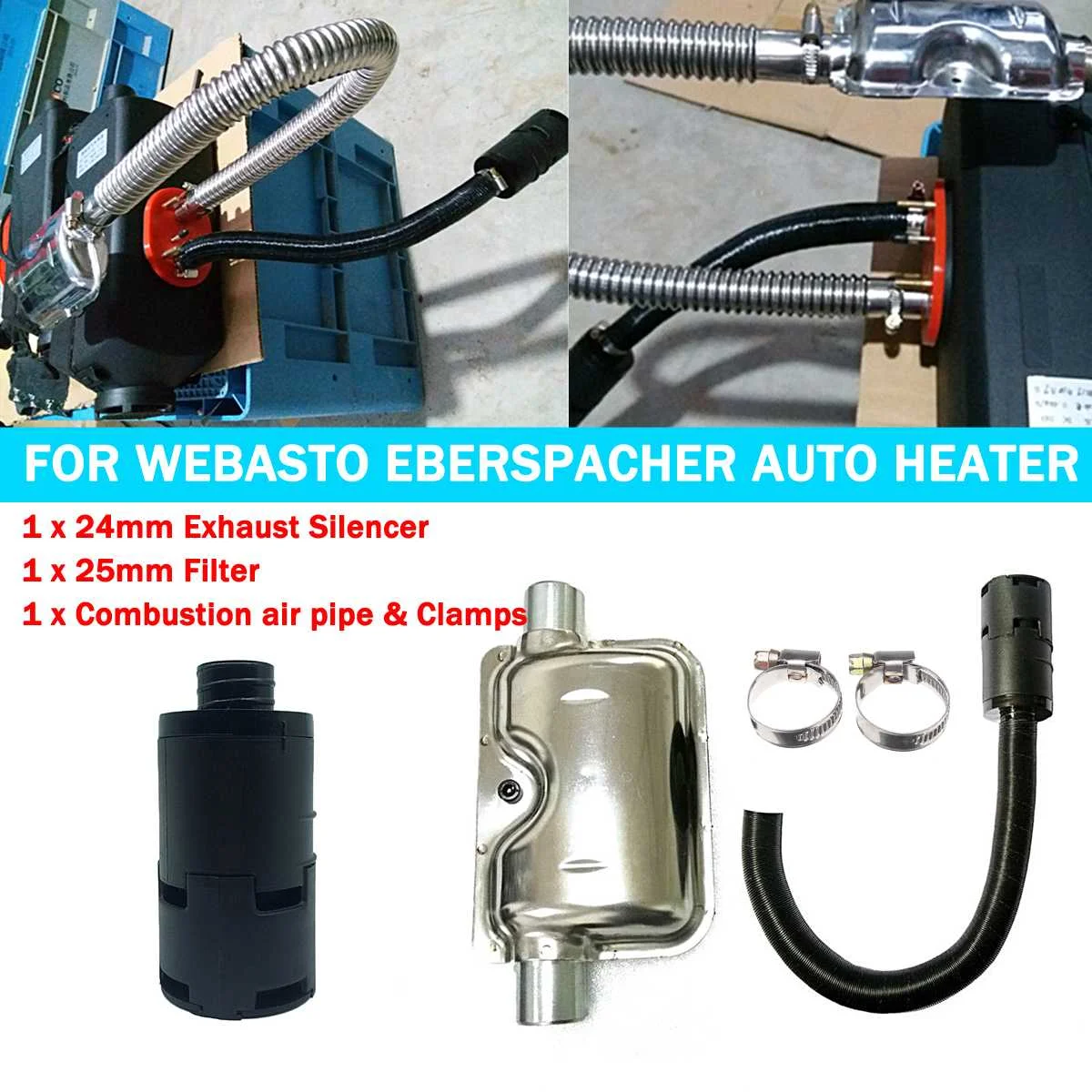 

NEW 3pcs Car Air Diesel Parking Heater Exhaust Silencer+Filter+Combustion Air Intake Filter Pipe Clamps For WEBASTO Eberspacher