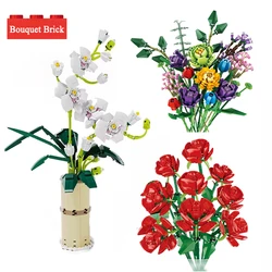 Bloc de construction pour Bouquet de saint valentin, modèle de cadeau pour fille, plante florale romantique, bonsaï, décoration de maison, bricolage, jouet assemblé en brique 
