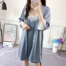 Женские халаты и ночные платья, Осенние пижамные комплекты, кружевное сексуальное женское белье, банный халат, комплект женского Шелкового размера плюс, женский кружевной домашний костюм