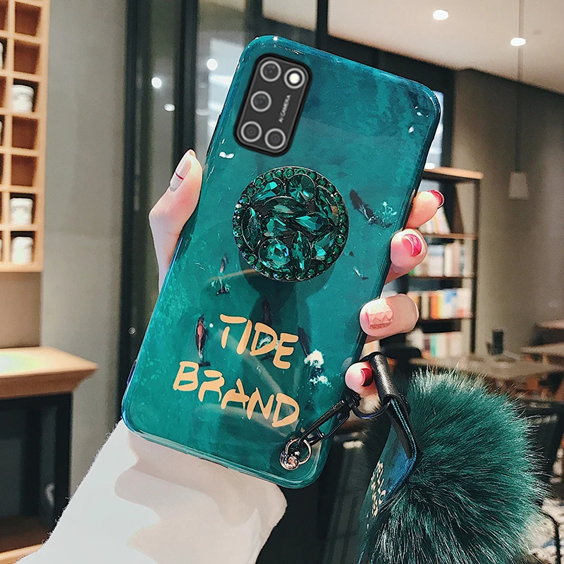 Emerald Silicone Case For Oppo A52 A72 A91 A92 A92s A93 A95 Rhinestone Holder Soft Phone Case Oppo Reno Ace 2 Ace2 With Hairball Phone Case Covers Aliexpress