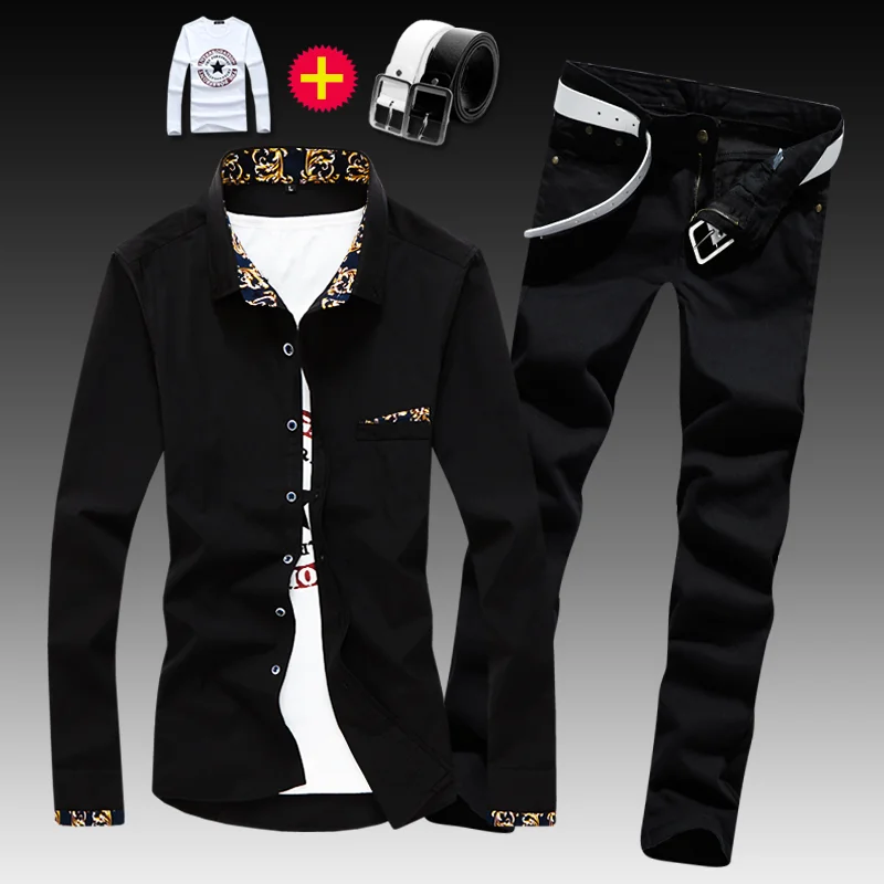

Spring Autumn Men's Long Sleeve Shirt Pencil Pants Jeans Slim Fit 2pcs Set Casual Shirts Trousers For Male Clothing E46