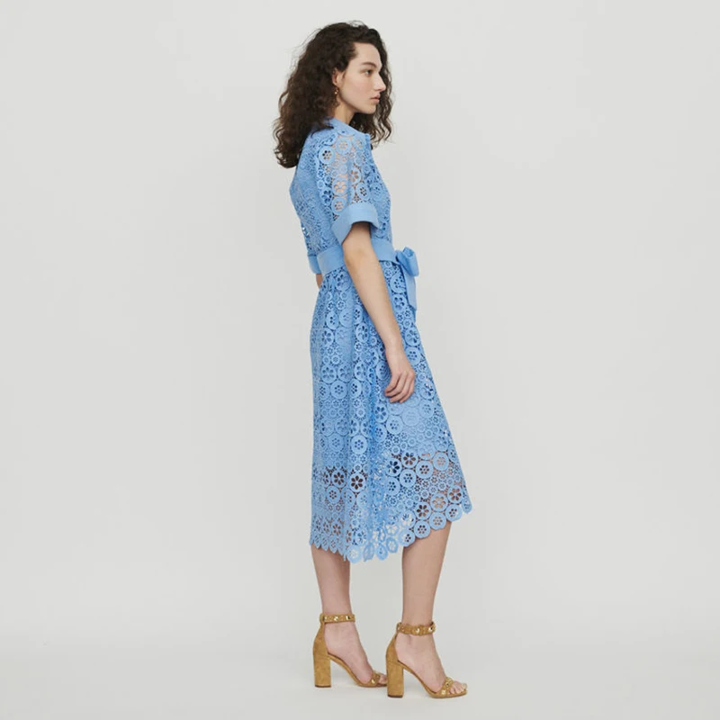 CAMIA/Новинка; летнее женское платье на шнуровке; британская вышивка; кружевное открытое синее платье для женщин