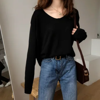 

YZY New Style Loose-Fit Versatile Base Solid Color V-neck Long-sleeved Upper