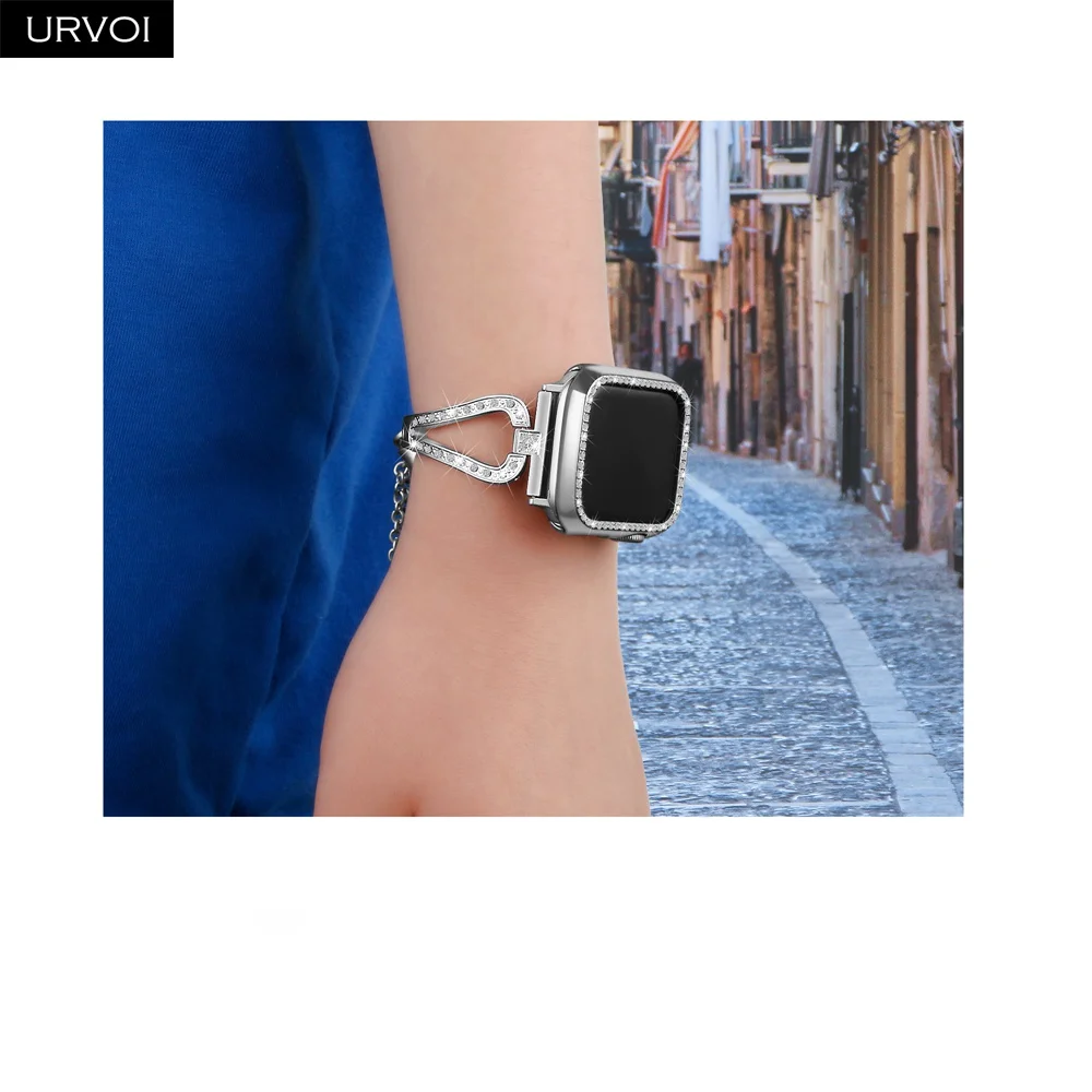 URVOI чехол для Apple Watch series 5 4 32 гальванический пластиковый бампер жесткий каркас Блестящий Цирконий сломанный стеклянный камень крышка для iWatch