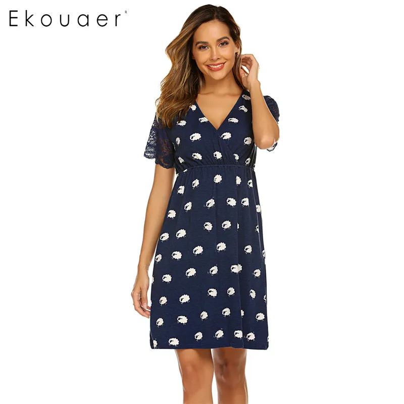 Ekouaer женская ночная рубашка для кормящих женщин, кружевная ночная рубашка с коротким рукавом, ночная рубашка с v-образным вырезом, ночная рубашка, Женская домашняя одежда - Цвет: YDF1