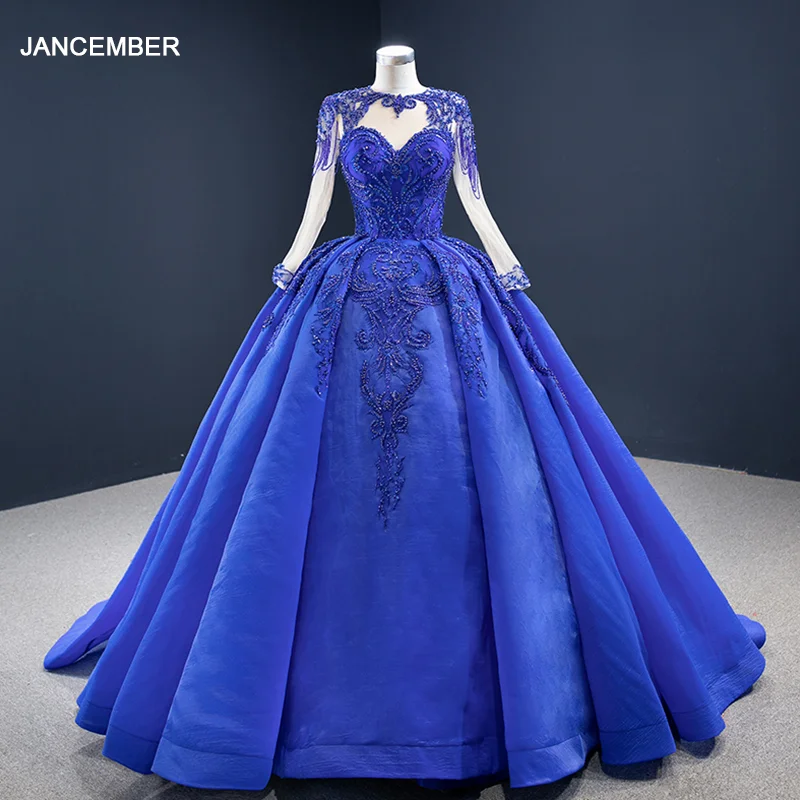 J67160 Bright Royal Blue Evening Dress 2020 Sequined Lace Up Back Beading Sweetheart Long Sleeve свабедное платье 1