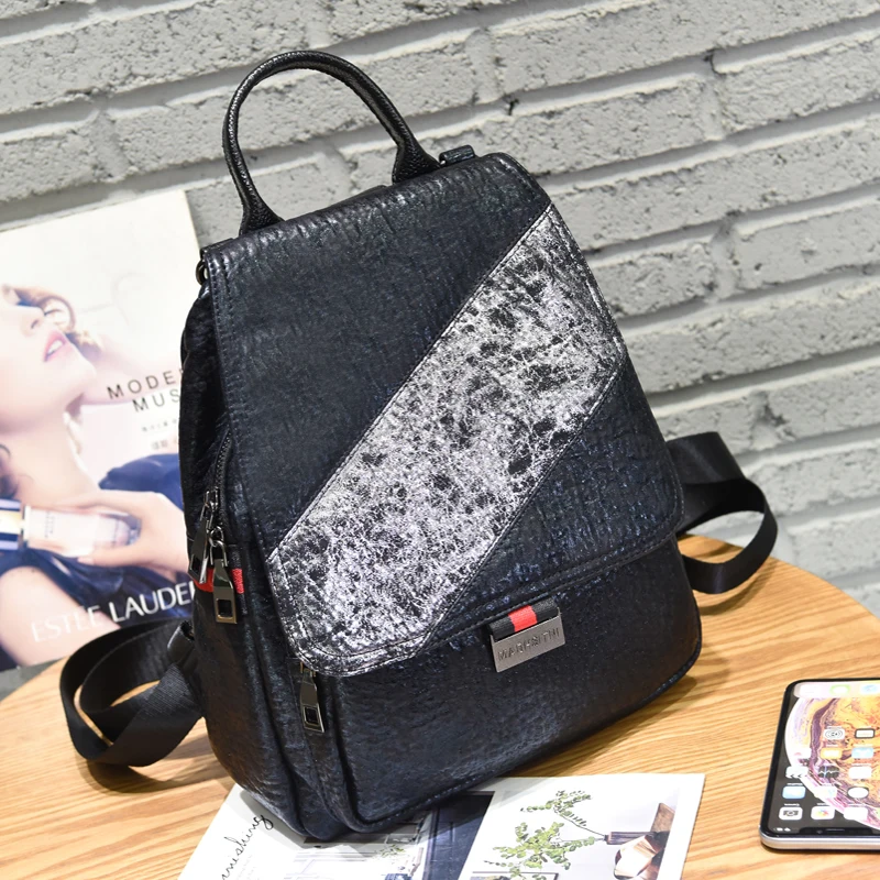 

2019 Fashion New Leather Backpack Women Trend Soft Leather Contrast Multifunctional Leisure Travel Bag Student School Bag