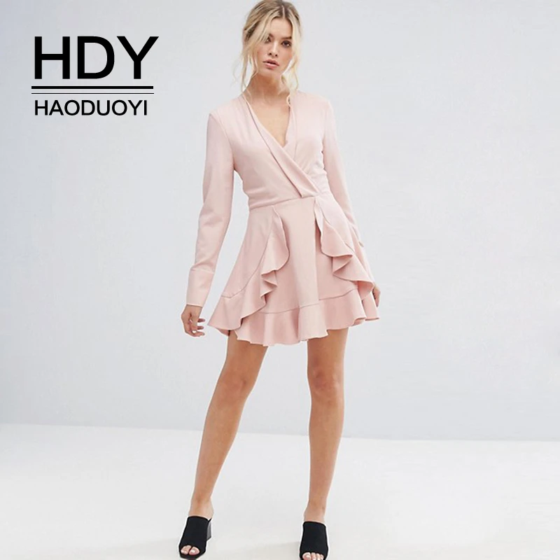 

HDY Haoduoyi 2019 New Fashion Autumn Sweet Style Ruffled Solid Color Deep V-neck Slim A-line Long Sleeve High Waist Dress