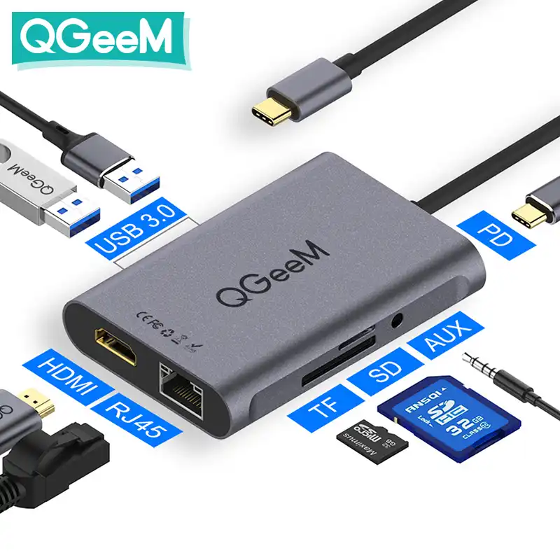 QGeeM 9-in-1 USB C Dongle with HDMI 4K 100W PD Charging USB C Hub SD//Micro Card Reader USB 3.0//2.0 Gigabit Ethernet Laptop Docking Station Compatible with More USB-C Devices USB C to 3.5mm