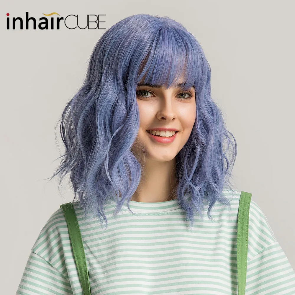 

Inhaircube 14 Inches Women Synthetic Water Wave Wigs Bangs Short Purple Blue Mixed Colors Ladies Soft Party Natural Fake Scalp