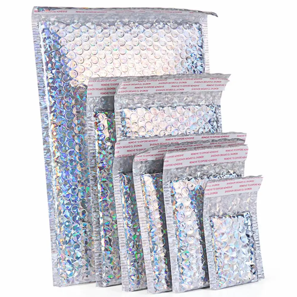 Bolsa holográfica de tipo sobre de burbuja láser, de oro y plata, de 5 uds., para envíos por correo, a prueba de golpes