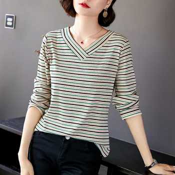 

2020 Big Code Mom Stripes V Collar T Shirt Simple Joker Backing Shirt Long Sleeve Female