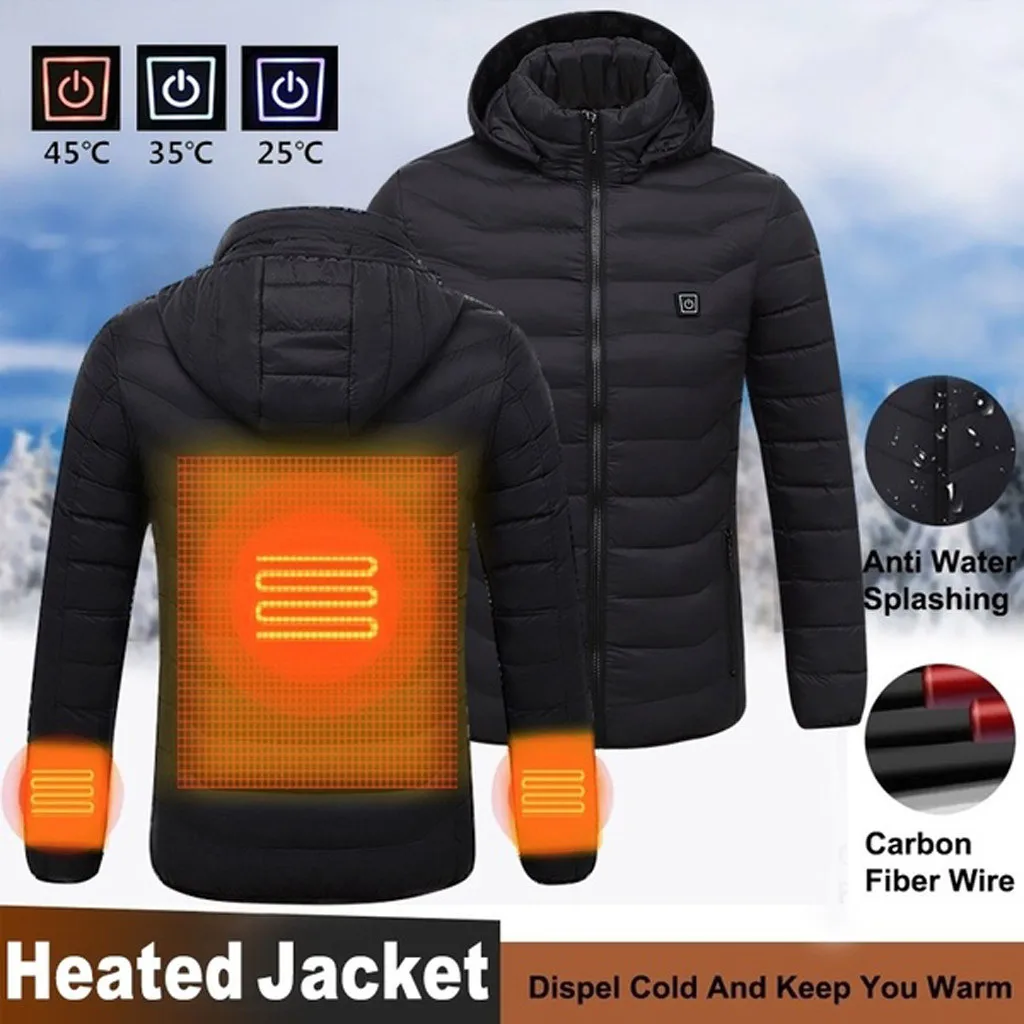 Зимнее мужское пуховое пальто с USB электрическим подогревом, однотонное простое теплое пуховое пальто с капюшоном, куртка на молнии размера плюс, мужское пуховое пальто