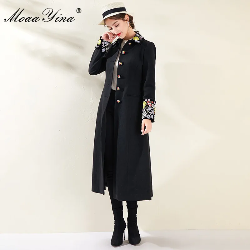 MoaaYina Высокое качество модные дизайнерские шерстяное пальто Зимняя Для женщин с длинным рукавом с вышивкой элегантные черные сапоги, сохраняющие тепло, верхняя одежда