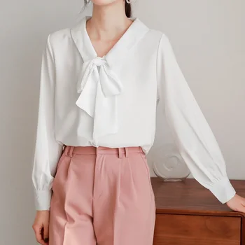 

COIGARSAM Full Sleeve Shirt Womens tops New Chiffon Peter pan Bow Turn-down Collar Women shirts White 5229