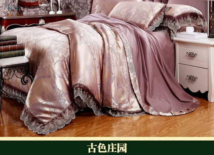 Luxury Satin Bedding sets White Jacquard duvet cover set Lace bed sheet sheets linen quilt bed in a bag King Queen size 4PCS - Цвет: 11