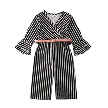 Детский комбинезон в полоску с поясом для маленьких девочек возрастом от 12 месяцев до 5 лет, комбинезоны с рюшами на рукавах для малышей осенне-весенняя одежда