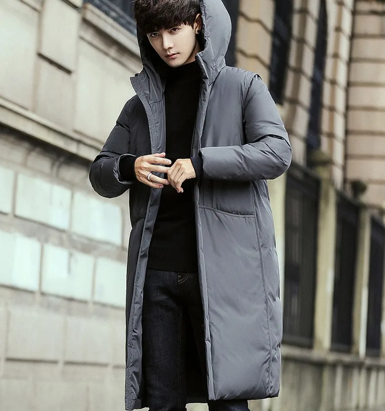 Black Gray Long Winter Down Jacket Men Thick Warm Hooded Loose Solid Outerwear Fashion Windproof Overcoat Mens Clothes YT50206