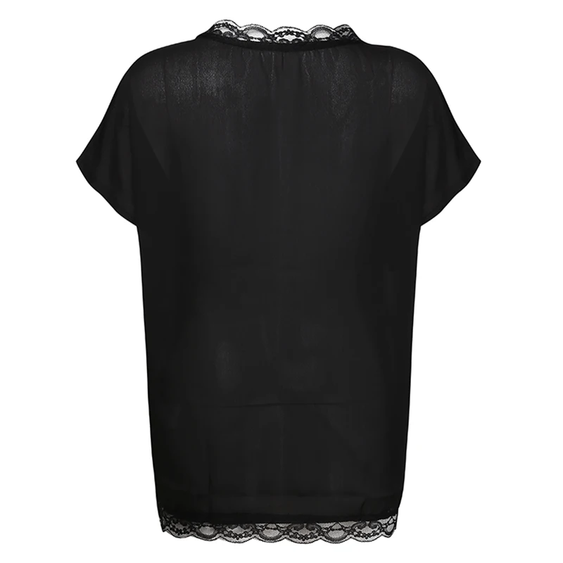 Sexy V-Neck Short Sleeve Tops For Woman Lace Patchwork Casual Shirt Women's Clothes Black Shirt Womens Blouses Summer Blusa